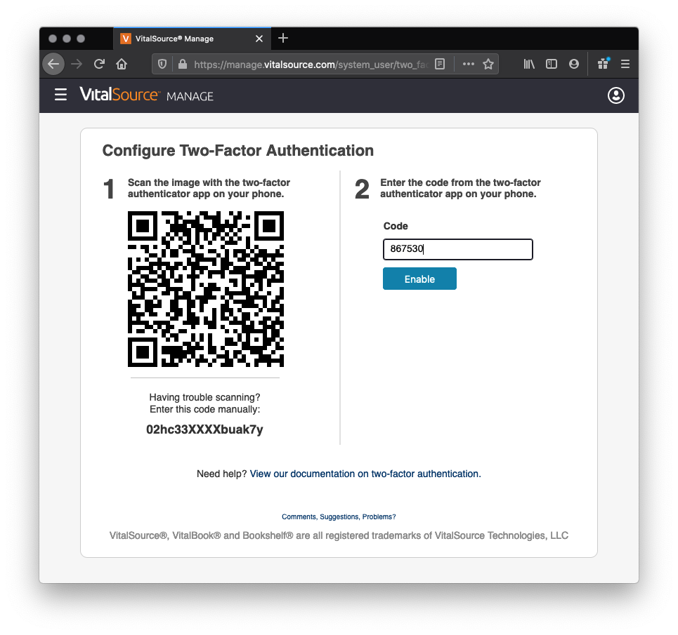 Enter Two-factor Autentication code