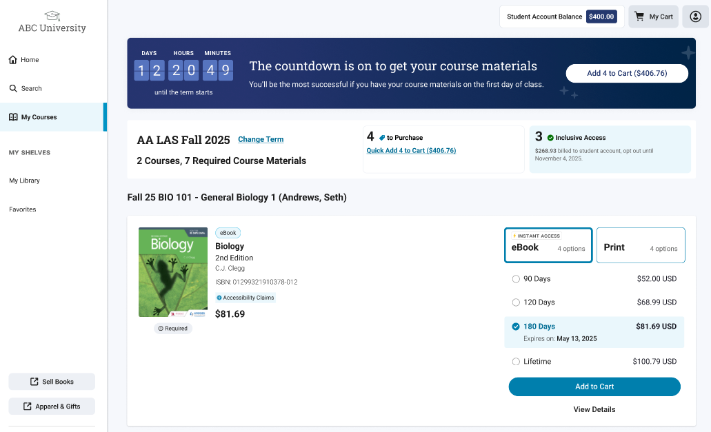 My Course - select materials view