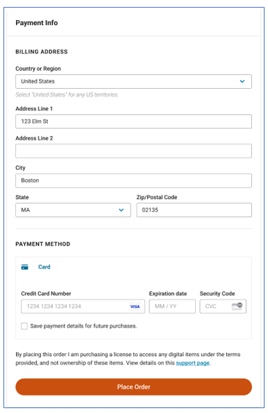 Payment info screen