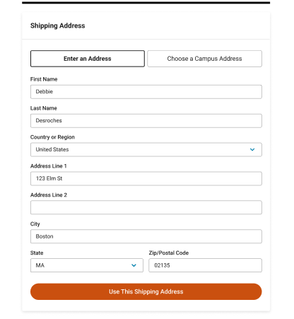 Address to ship to or Choose Campus Address
