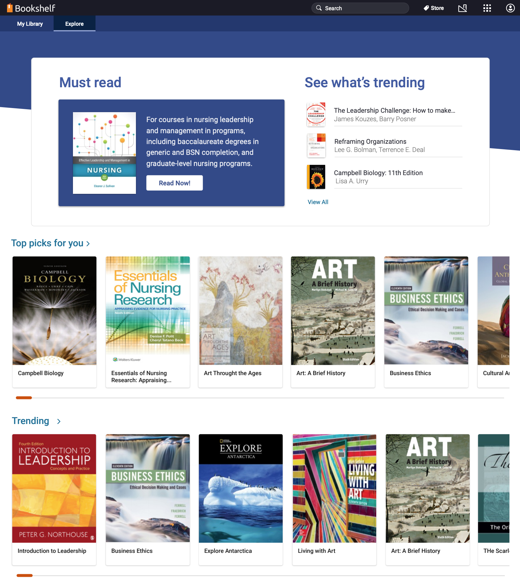 Image of Bookshelf homepage with Must Read. See what's trending, Top picks for you, and Trending sections.