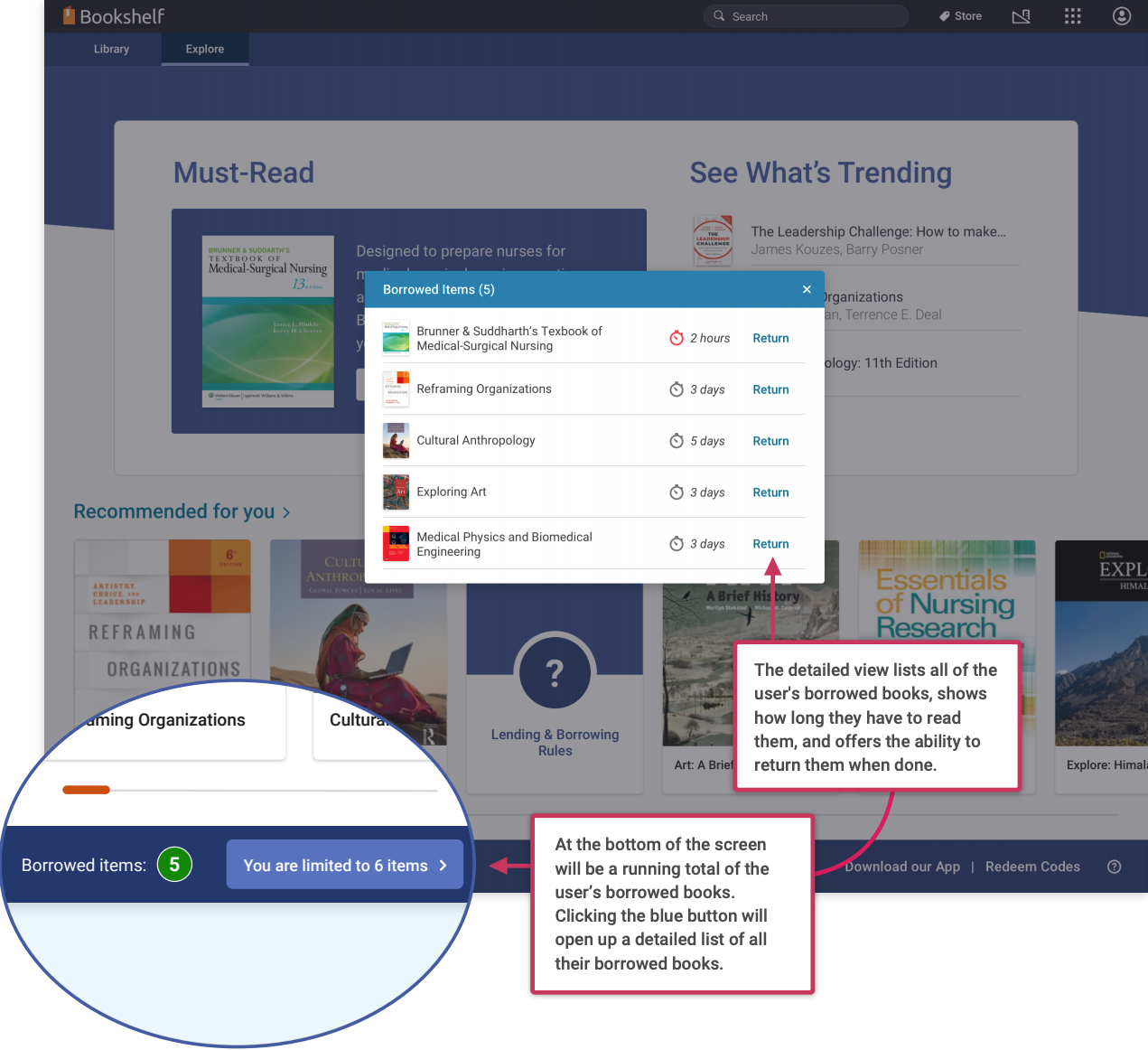 Image of arrow pointing to popup box with Borrowed Item information. The detailed view lists all of the
user's borrowed books, shows how long they have to read them, and offers the ability to return them when done. Arrow pointing to the bottom of the screen: At the bottom of the screen
will be a running total of the user’s borrowed books. Clicking the blue button will open up a detailed list of all their borrowed books.